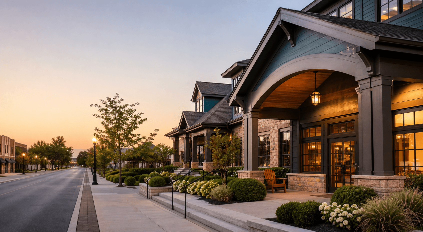 A welcoming private club building at dusk